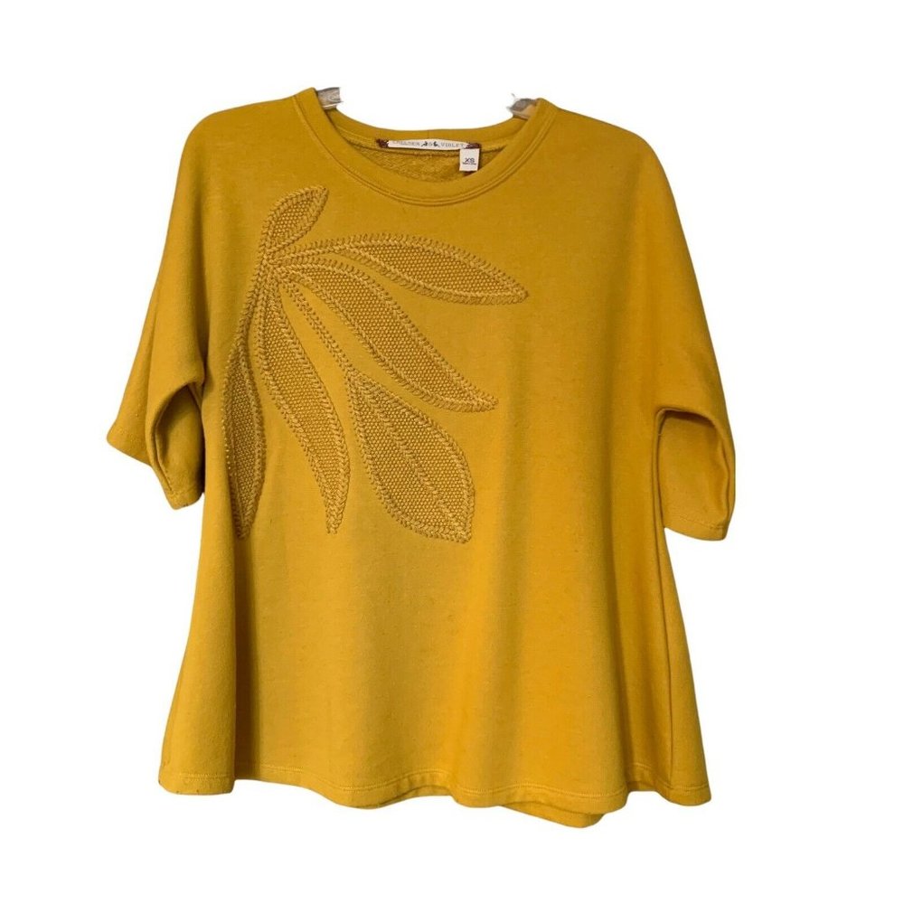 Chelsea & Violet Top XS Mustard Yellow Cross Stitch‎ Leaves A-Line Sweatshirt